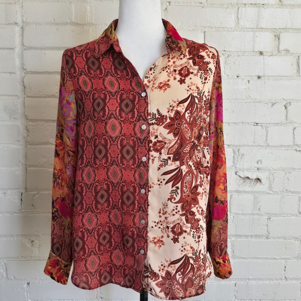 Rose + Olive Mixed Print Art To Wear Button Down Blouse Eclectic Whimsigoth Fall